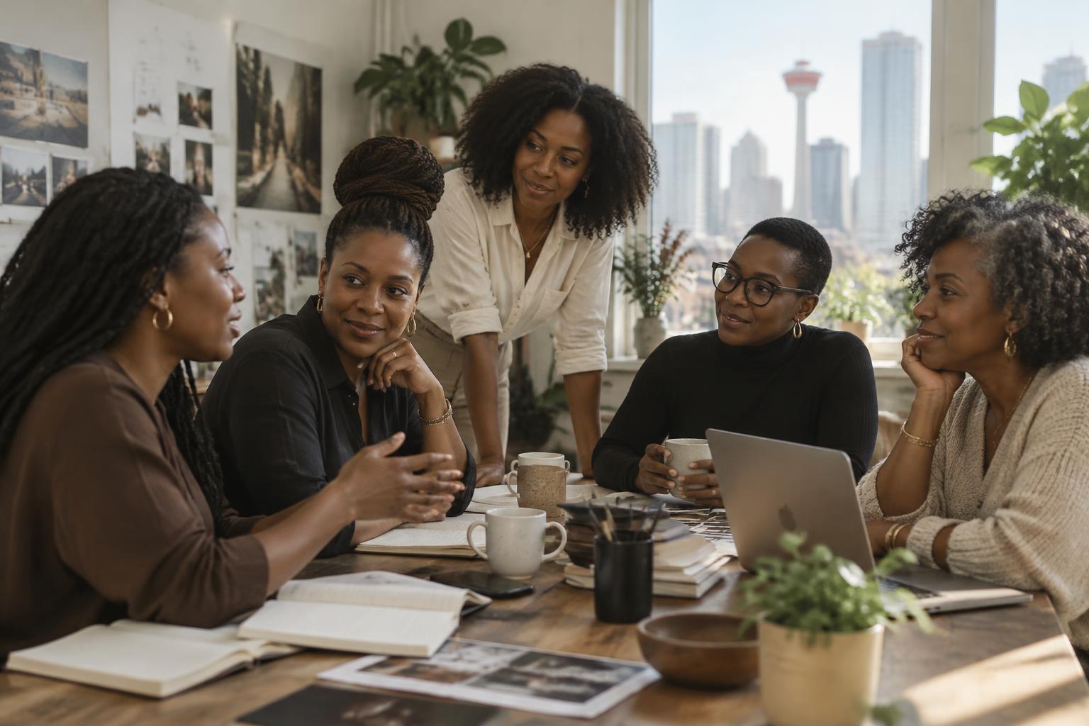 Black women sharing ideas around a table in Calgary